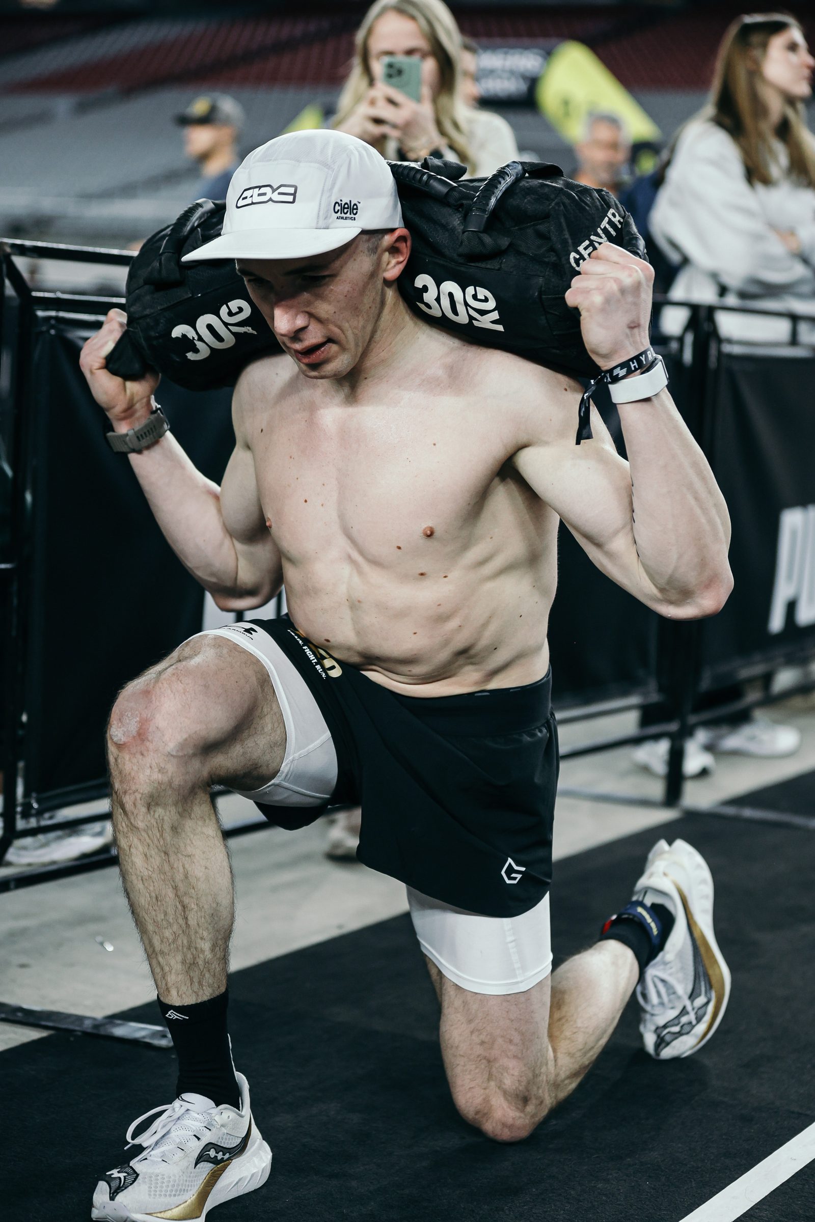 Adam on the sandbag lunges at HYROX
